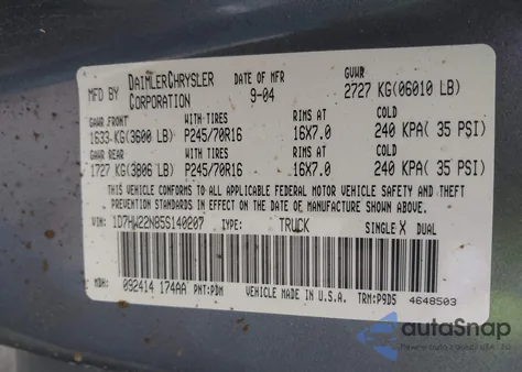 2005 Dodge Dakota St from USA, damaged, VIN 1D7HW22N85S140207